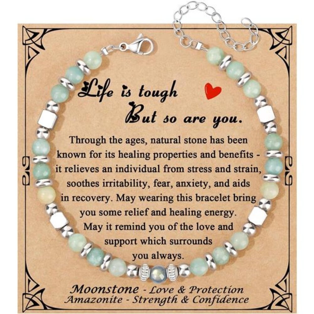 Moonstone Amazonite Bracelet for Women Adjustable Beaded Jewelry Gift for Her